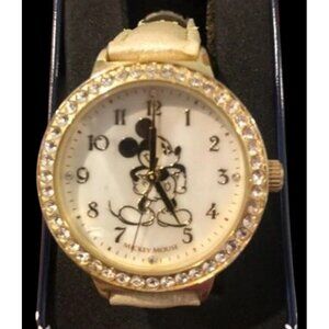 Gold Mickey Mouse Analog Crystal Bezel Leather Band Watch * C01-v